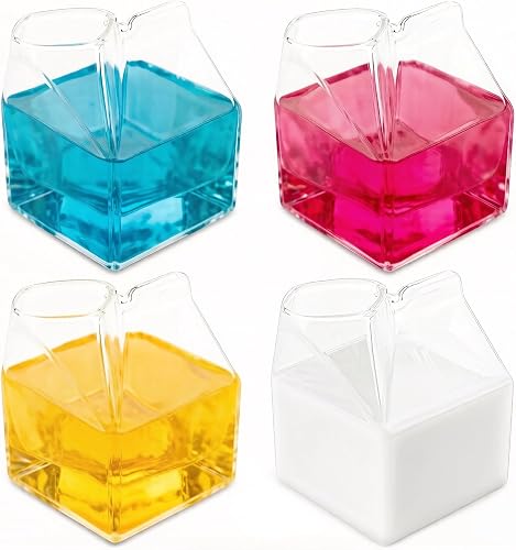 WUWEOT 4 Pack Glass Milk Carton, Clear Square Cocktail Glasses, Mini Cup Creamer Pitcher Coffee Box for Milk, Coffee, Water, Juice, Beverages, Heat Resistant, 12OZ/350ml
