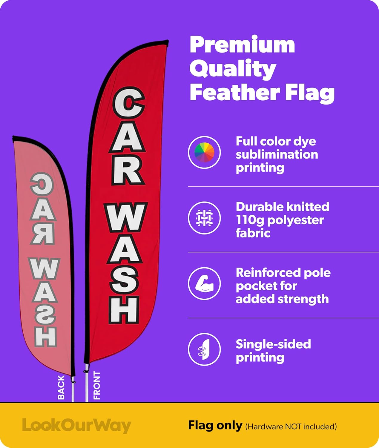 LookOurWay Feather Flag Banner - 12 Feet Tall Advertising Flags for Outdoor Business and Events Promotion - Swooper Flag Only - Car Wash Flags - Car Wash Red (10M1200110)