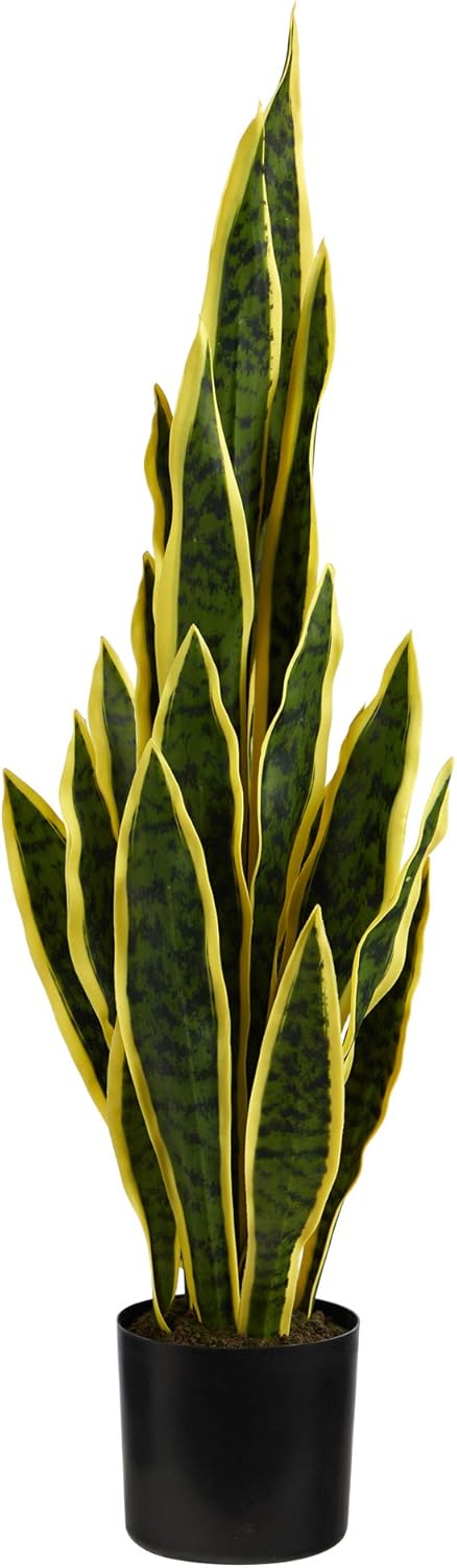 Nearly Natural 30-in Artificial Tall Snake Plant Sansevieria, Yellow Faux Snake Plant for Indoor Home Decor in Black Nursery Pot, Fake Plant for Office, Living Room, Bedroom, Tabletop, DIY