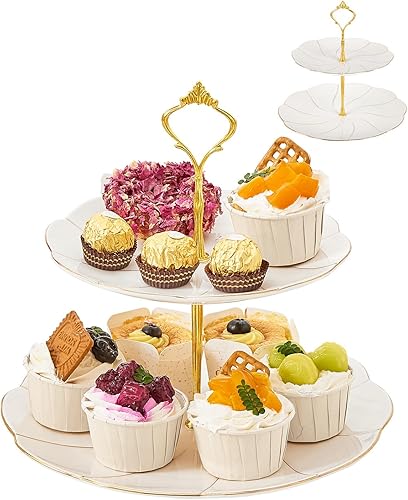 Miniatura 12 de DUJUST Torre de porcelana de lujo de 3 niveles para cupcakes, bandeja de servir estilo británico con borde dorado, soporte de exhibición de postres
