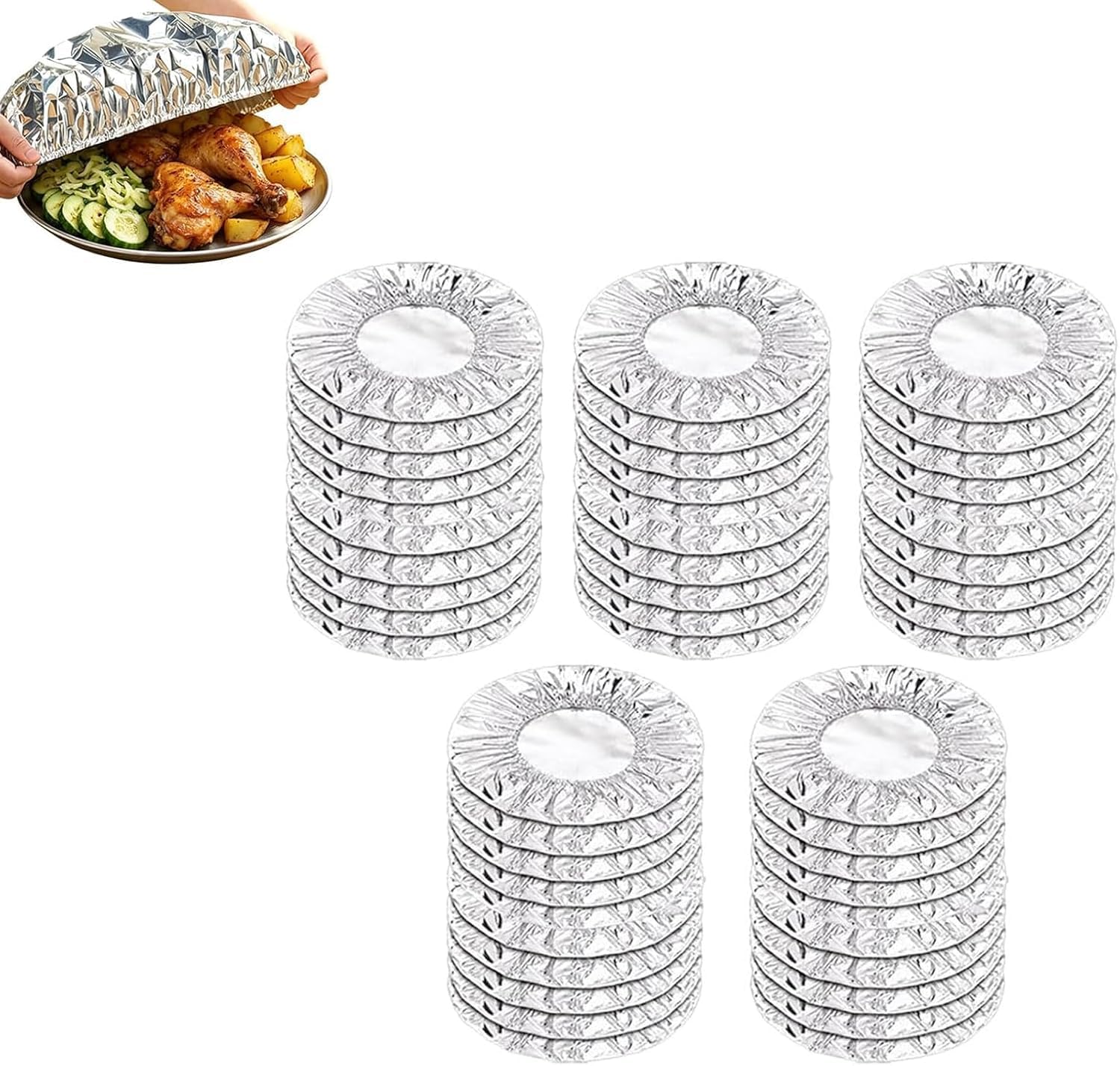30/50/100Pcs Aluminium Foil Covers for Food, Stretchy Foil Food Covers, Reusable Aluminium Foi𝗹 Food Covers, Home Dining Table & Food Container Aluminum Foi𝗹 Heat-Retaining Cover (50PCS)