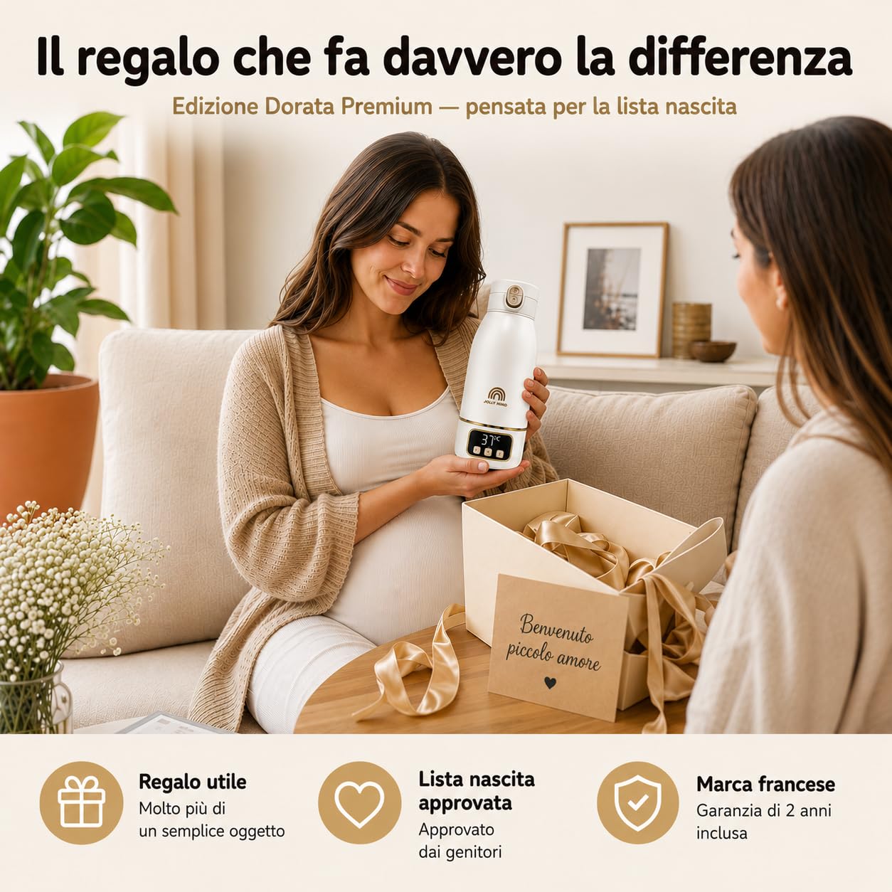 Scaldabiberon Portatile Senza Fili 500ml, Acciaio Inox, Temperatura Regolabile 35-55°C, Acqua e Latte Materno, Viaggio/Auto/Notte, Spazzolino Incluso, Design Dorato Premium