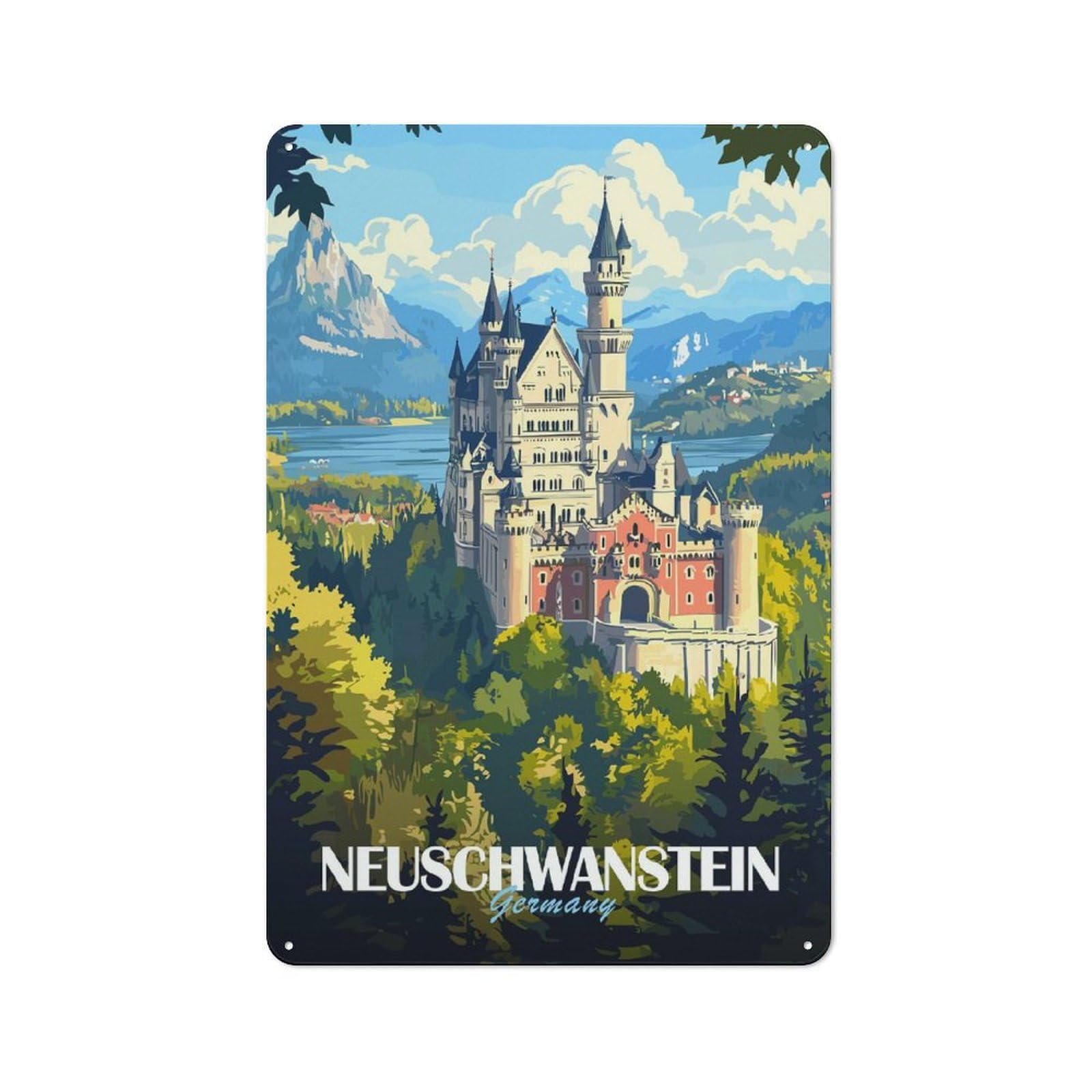Junmoney Style-22 Tin Wall Plaque 30X20cm With Neuschwanstein Castle For Café Or Home Bar, For Vintage Wall Decor Fans, For Home Office And Studio Walls