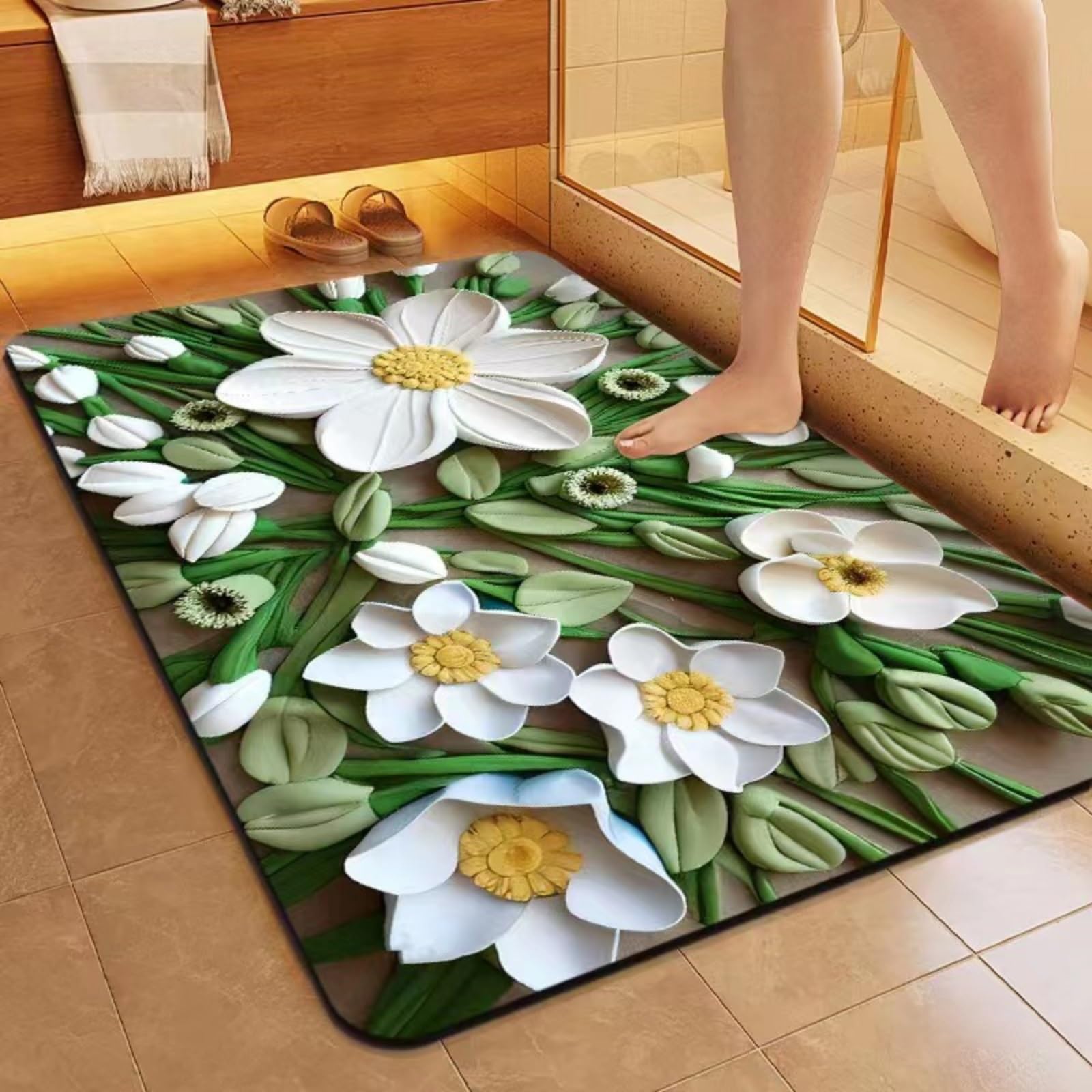 Tapis de bain séchage rapide 60x90 cm à motif floral bohème antidérapant pour douche