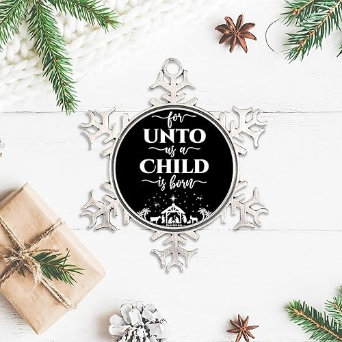 Miniatura 3 de Adornos colgantes para árbol de Navidad con texto en inglés For Unto Us A Child is Born, adorno de copo de nieve de metal cristiano, decoración de
