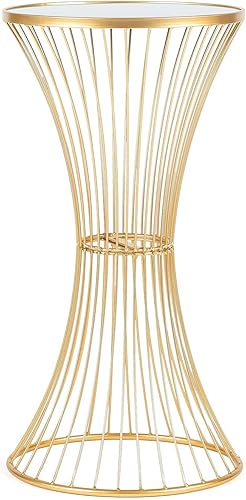 Miniatura 7 de Adeco Mesa auxiliar redonda decorativa de metal moderna de 27 pulgadas de alto, mesa auxiliar auxiliar de noche, mesita de noche dorada para Tambor
