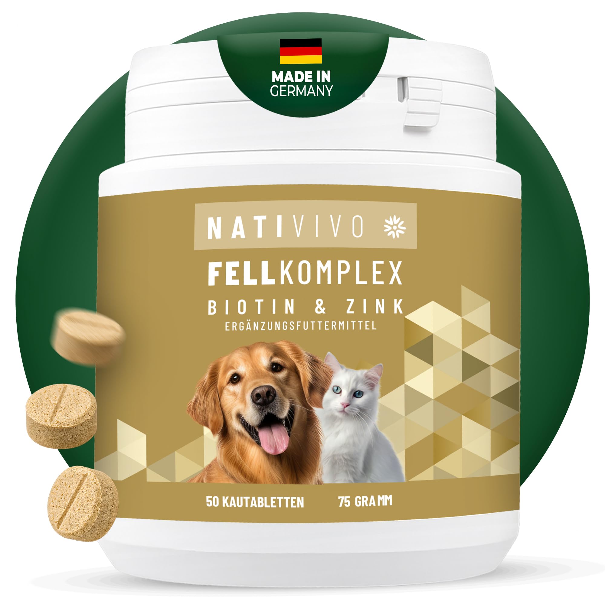 NATIVIVO Biotin Hund & Katze - Fellpflege gegen Juckreiz - Made in Germany | Nahrungsergänzungsmittel für Hunde & Katzen - Bei Haut Fell Problemen & Haarausfall - Für glänzendes Fell - 50 Tabletten
