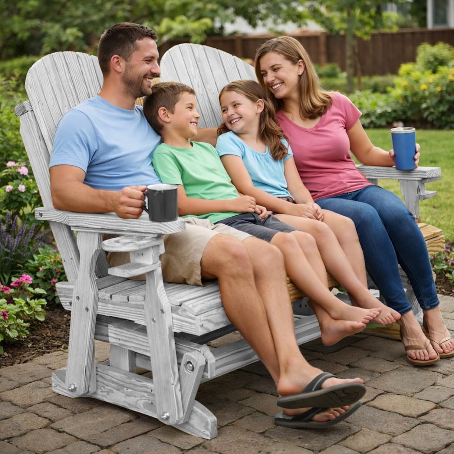 4 FT WHITE Porch Adirondack Glider Cupholders Bench for 2 Person, Amish-Made Pine Wood Patio Glider, Smooth Glide, Balanced Construction, Even Weight Distribution, Relaxed Seating Angle, Made in USA