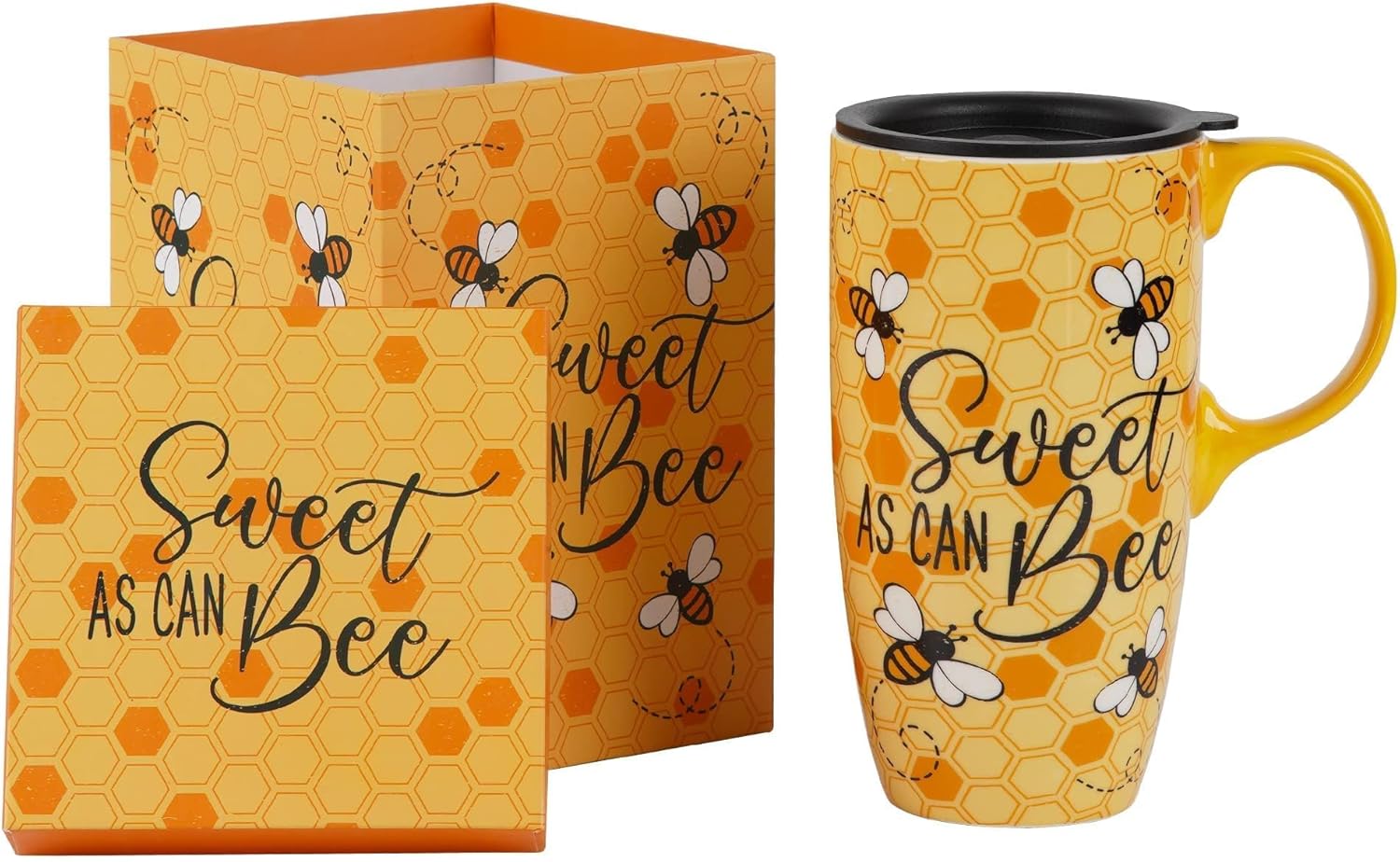 Topadorn Ceramic Travel Mug with Lid and Handle for Men Women Office Work, Microwave & Dishwasher Safe,17Oz, 6.5" H Tall Tea Cup in Color Box, Bee