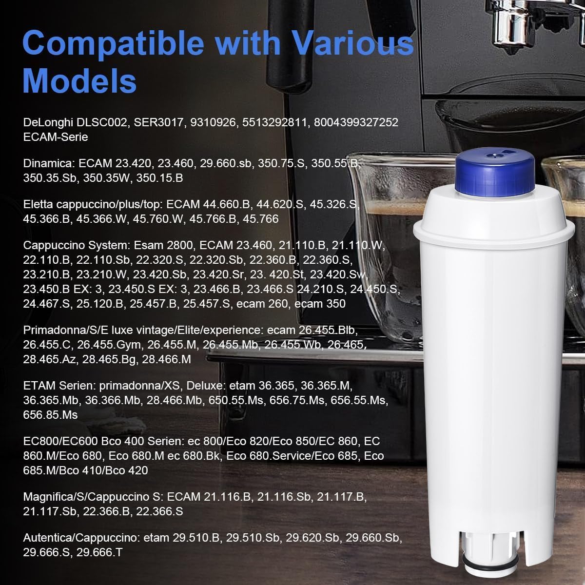 4-Pack Coffee Machine Water Filter Replacement Compatible with DeLonghi DLSC002, for Magnifica Evo, Dinamica Plus, Eletta Explore, ECAM, ETAM, ESAM Series Espresso Machines