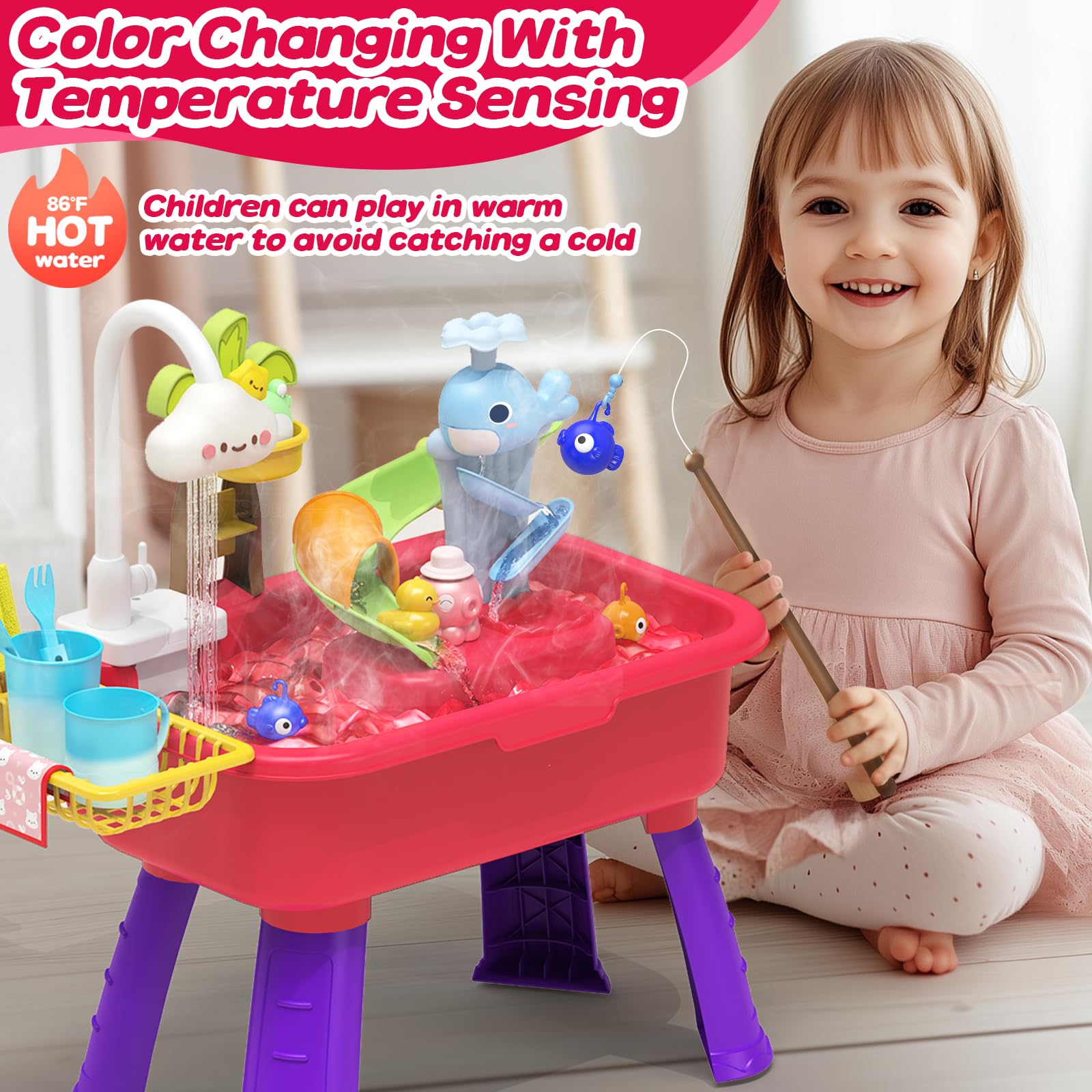 Kitchen Play Sink Toys with Running Water for Kid 4-8,4-in-1 Electric Water Table for Toddlers 1-3 with Water Pump,Animals, Food, Tableware,Color Changing Pretend Role Birthday Toy for Boy and Girl