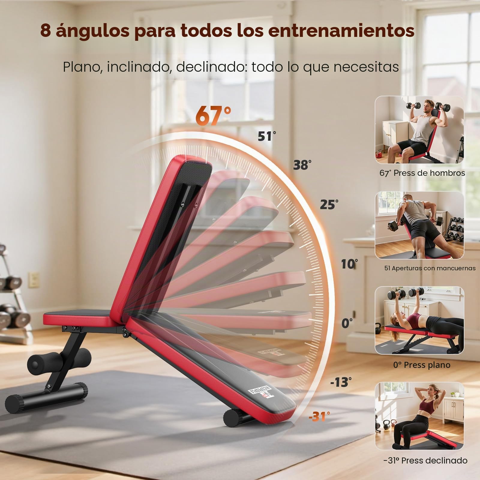 Nicepeople - Banco de pesas ajustable para gimnasio en casa, banco de entrenamiento con capacidad de 300 kg y 8 respaldos para pecho, hombros y brazos, banco de fuerza compacto y plegable para
