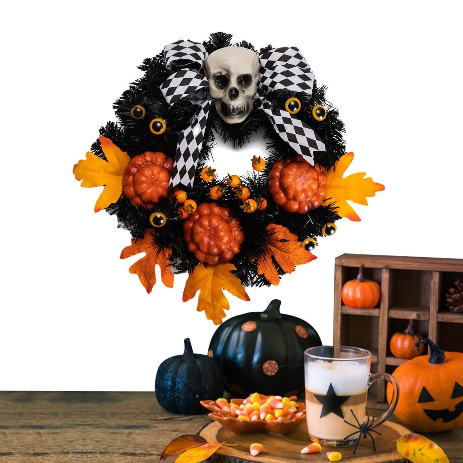 Couronne Halloween Guirlande Effrayante À Os De Squelette Artificiel avec | Couronne de Porte Halloween à Fleurs Pour Maison Portail Terrasse Accessoires Photo Mur Escalier Cheminée Manteau