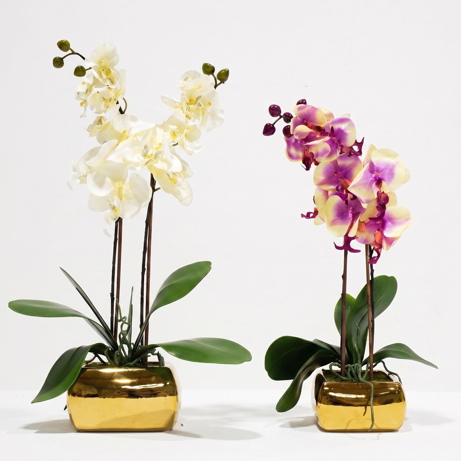 Homescapes Gold Artificial Orchid Potted Plant In Vase (Set Of 2) - Lifelike Faux Indoor Botanical Flower Arrangement