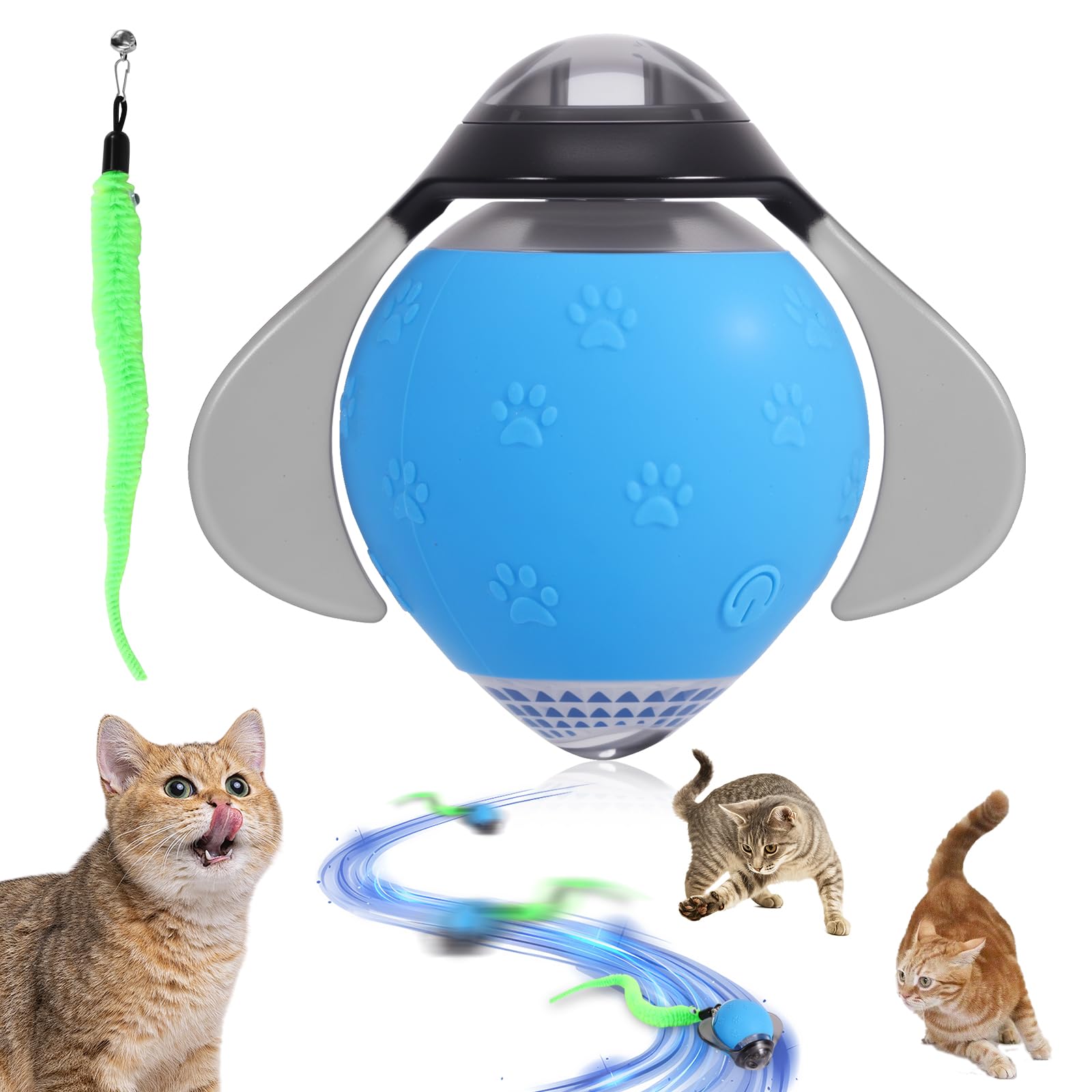 OUZHOU Interactive Cat Toy Ball, Motion Activated Automatic Cat Toy with Feather Tail, Speedy Tail USB Rechargeable Rolling Ball for Indoor Cats, 3 Play Modes Kitten Toy for Exercise Anxiety Relief