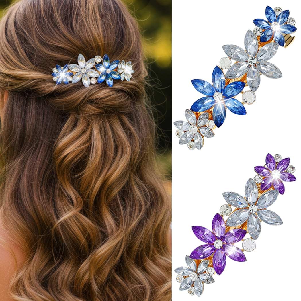 HEREAD Flower Hair Clips Rhinestone Hair Barrettes Gold Hair Accessories for Women and Girls (Pack of 2)（Blue and Purple）