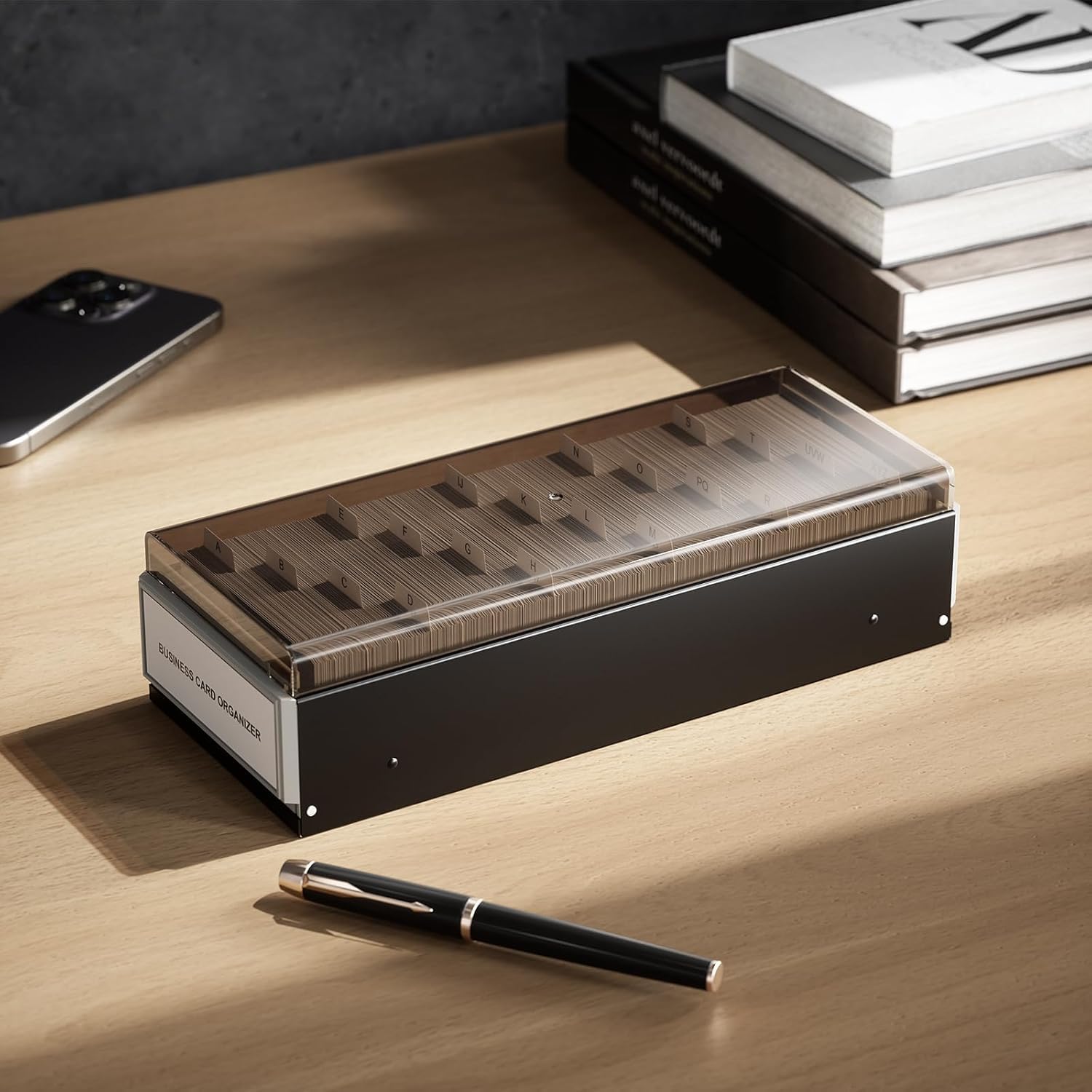 Portatarjetas de Visita, Almacenamiento de hasta 800 Tarjetas Caja de Tarjetas de Visita Extensible de Metal Y Plástico con Tapa Transparente(Negro)