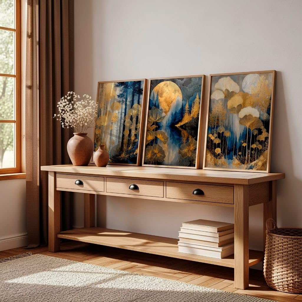 ARTINSPIRIO Blaues Gold Botanisches Wandbild 3er-Set, Natur Landschaft Kunstdrucke, Elegant, für Wohnzimmer, Schlafzimmer & Esszimmer Ohne Rahmen (A2)
