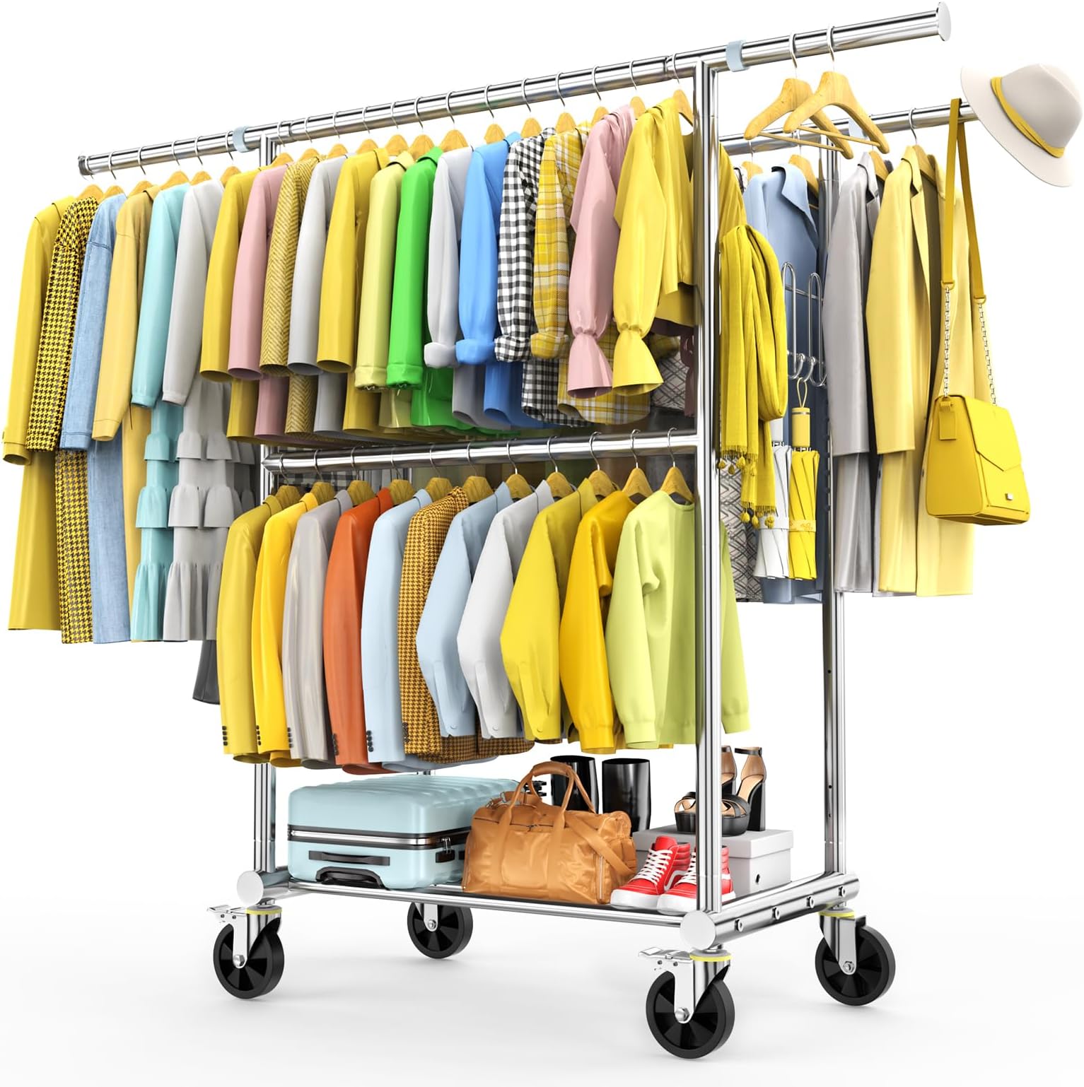 100% Stainless Steel Heavy Duty Clothes Rack Load 960LBS, Three Rods Clothing Racks for Hanging Clothes Extendable，Rolling Garment Rack With Sturdy Wheels Shelves Hooks, Portable Closet Wardrobe Rack