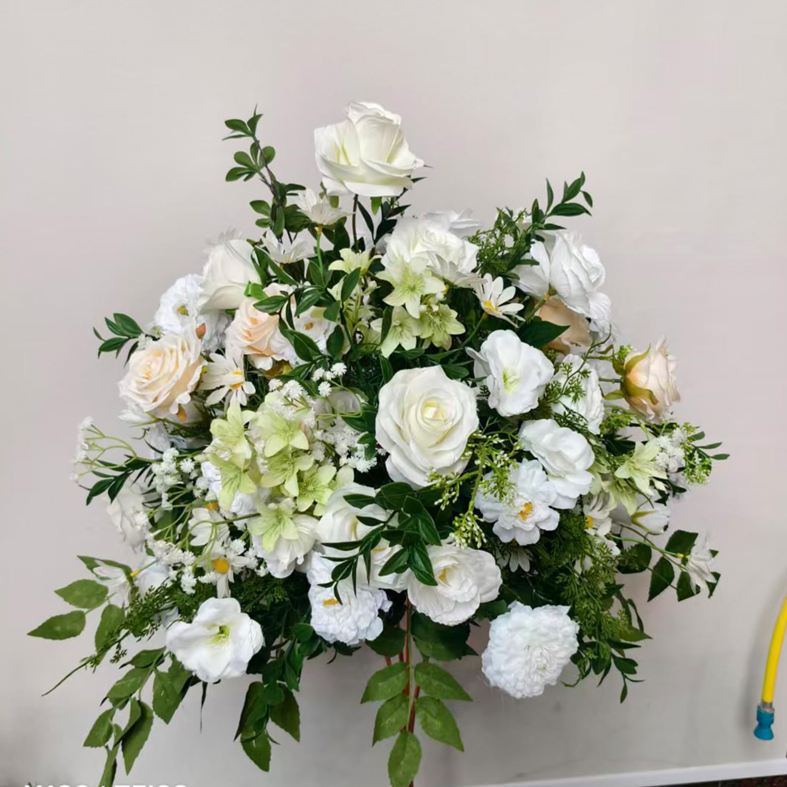 Lucky flower White Artificial Flowers Ball, Silk Rose Daisy Peony Bouquet with Green Leaves, Faux Floral Arrangement for Wedding Centerpieces, Bridal Shower, Party, Home Table Decor (Green B,50cm)