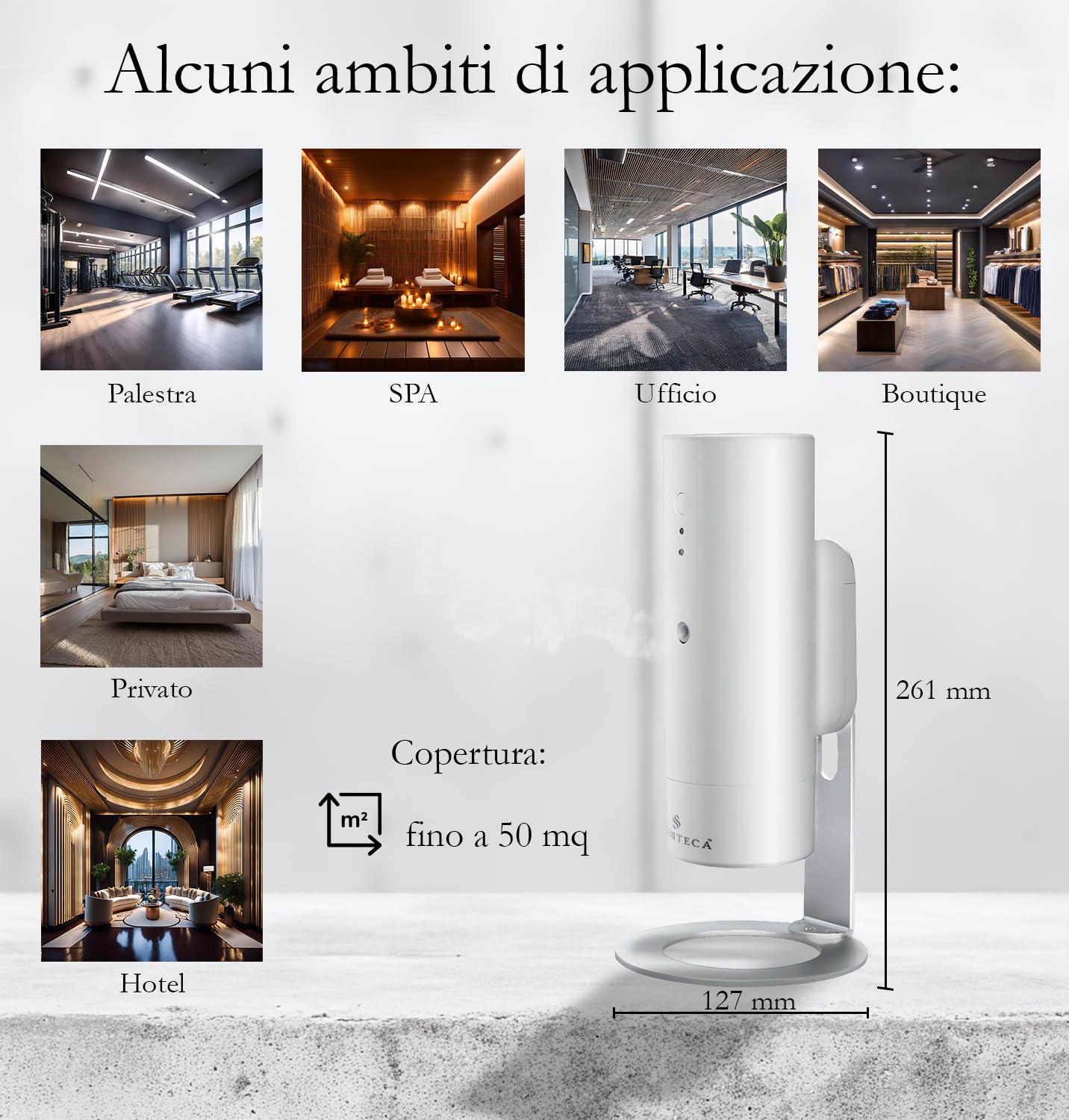 SCENTECA Diffusore elettrico Mod. AD-BC3, fragranza inclusa Tè Bianco e Fiori di Primavera, diffusore di oli essenziali a nebulizzazione senza acqua, ideale per casa e ufficio (50 ml)