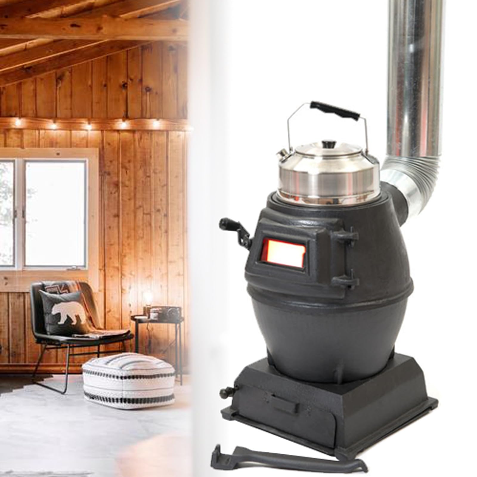 Poêle à charbon en fonte avec fenêtre de visualisation et cuisinière intégrée