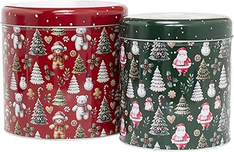 Set of 2 Round Christmas Tins | Festive Red & Green Storage for Cookies, Biscuits & Treats | Nostalgic Nesting Tins