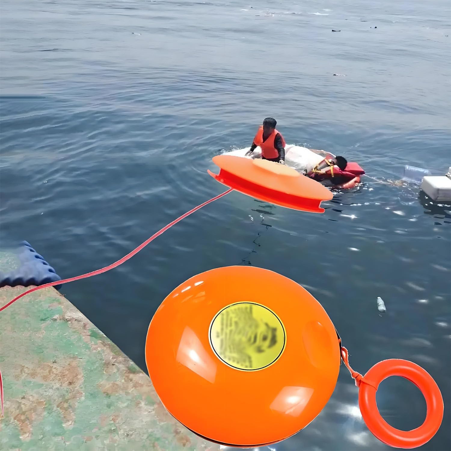 Professional Emergency Rescue Disc,Orange Water Rescue Throwing Disc with 6.5in OD Embedded Rubber Hand Ring,131ft Long Rope 1piece