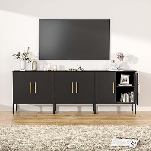 LYNSOM Soporte de TV para TV de 85 pulgadas, mesa consola central de entretenimiento multimedia, 3 gabinetes, mesa consola de TV con gabinete de