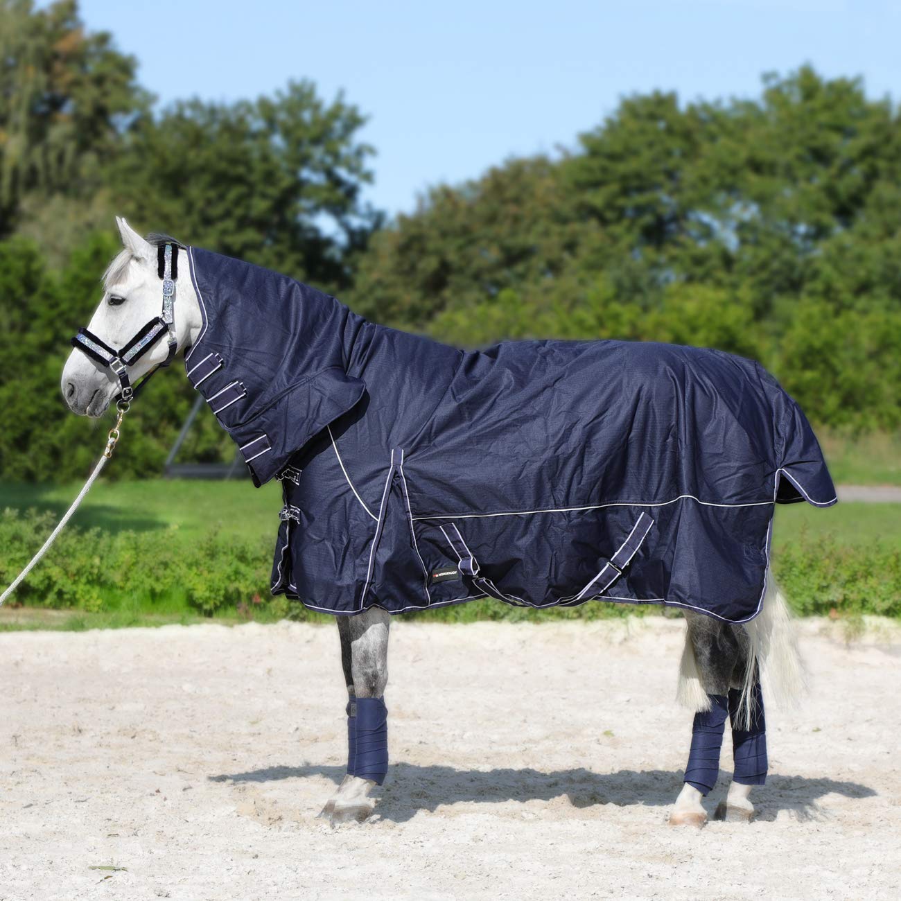 Pferdedecke Regendecke Winterdecke Outdoordecke Paddockdecke mit Halsteil 300g 200g Füllung Aspen (135 cm, 200 g dunkelblau)