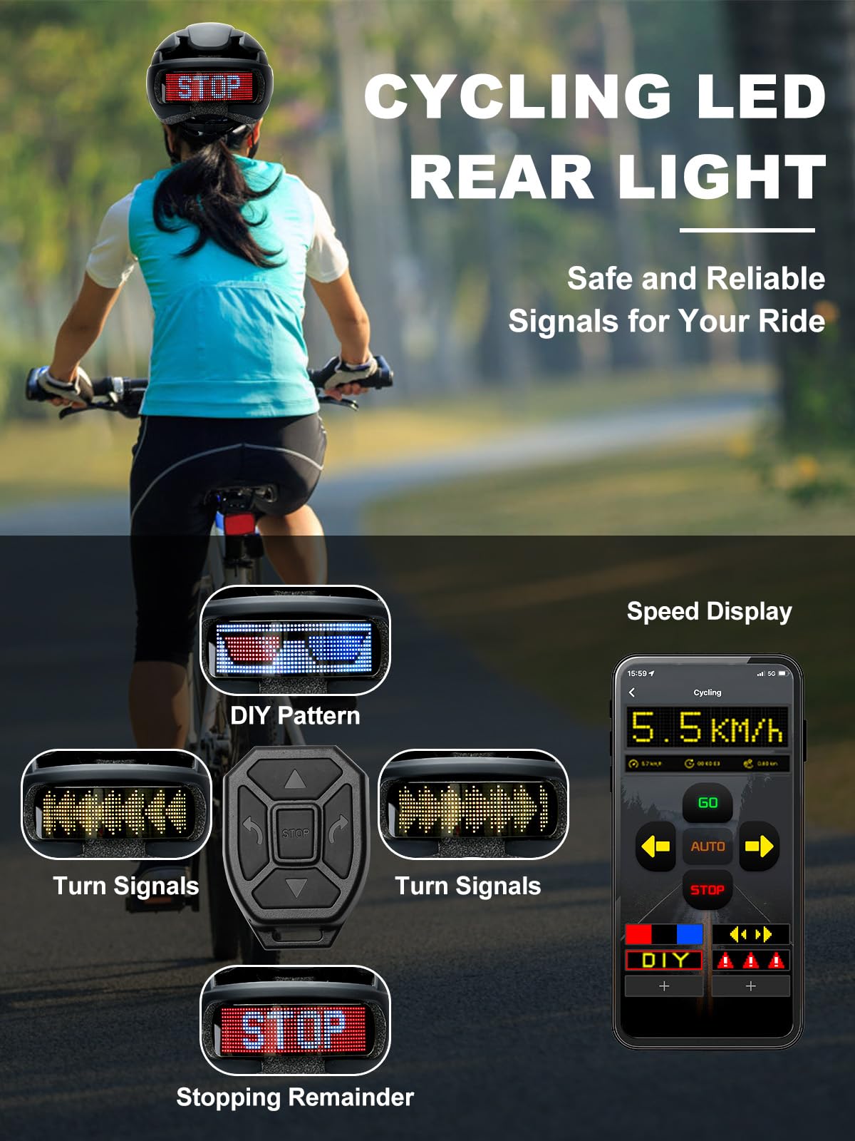 Intelligenter App-programmierbarer Fahrradhelm mit Blinker & USB-C | EN1078+CE Zert, 576-LED Display für Blinker/Stopp, App-DIY mit Text/Animation, 1500mAh Akku, 12h Laufzeit, Kopfumfang 58–61cm