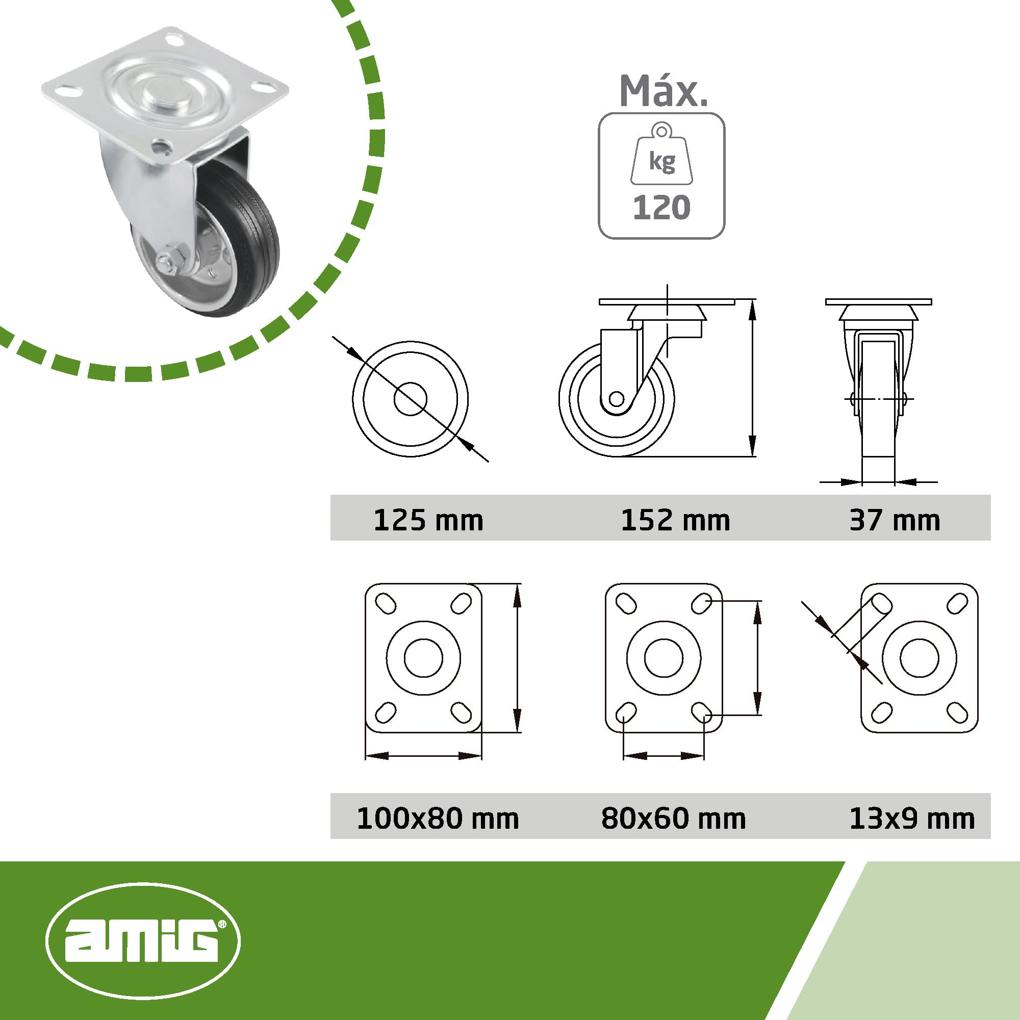 Amig - Pack of 4 Industrial Loading Castors Model 2522, black, 125 mm - Image 3