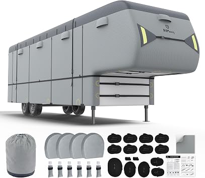 RVMasking 5th Wheel RV Cover 24ft - 31" Heavy Duty 7 Layers Top Fifth Wheel Cover with 4 Tire Covers Windproof Ripstop Anti-UV Trailer Cover Light Grey