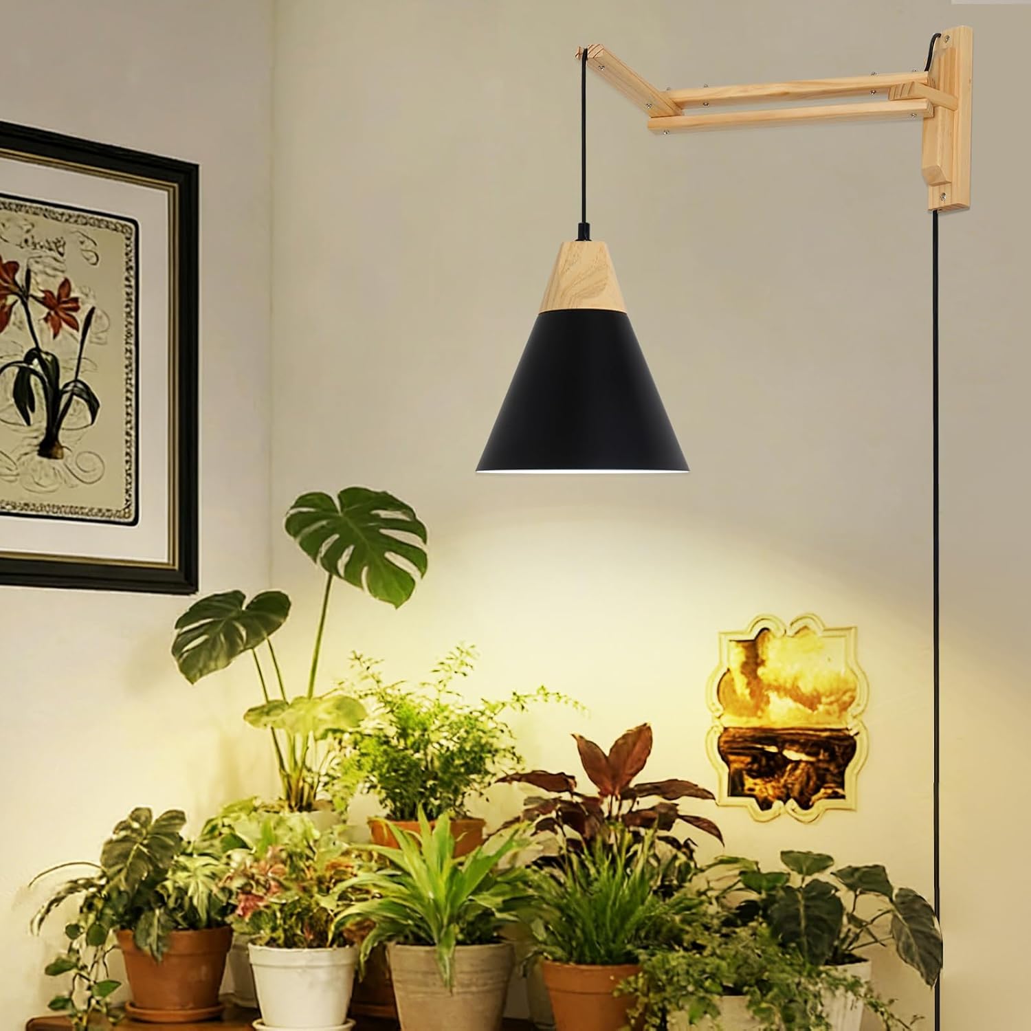 HMVPL Hanging Grow Lights for Indoor Plants Full Spectrum, Plant Light for Indoor Growing with 20W COB Grow Light Bulb, Wall Mounted Grow Light with Swing Arm, 4/8/12H Timer for Large Small Plant