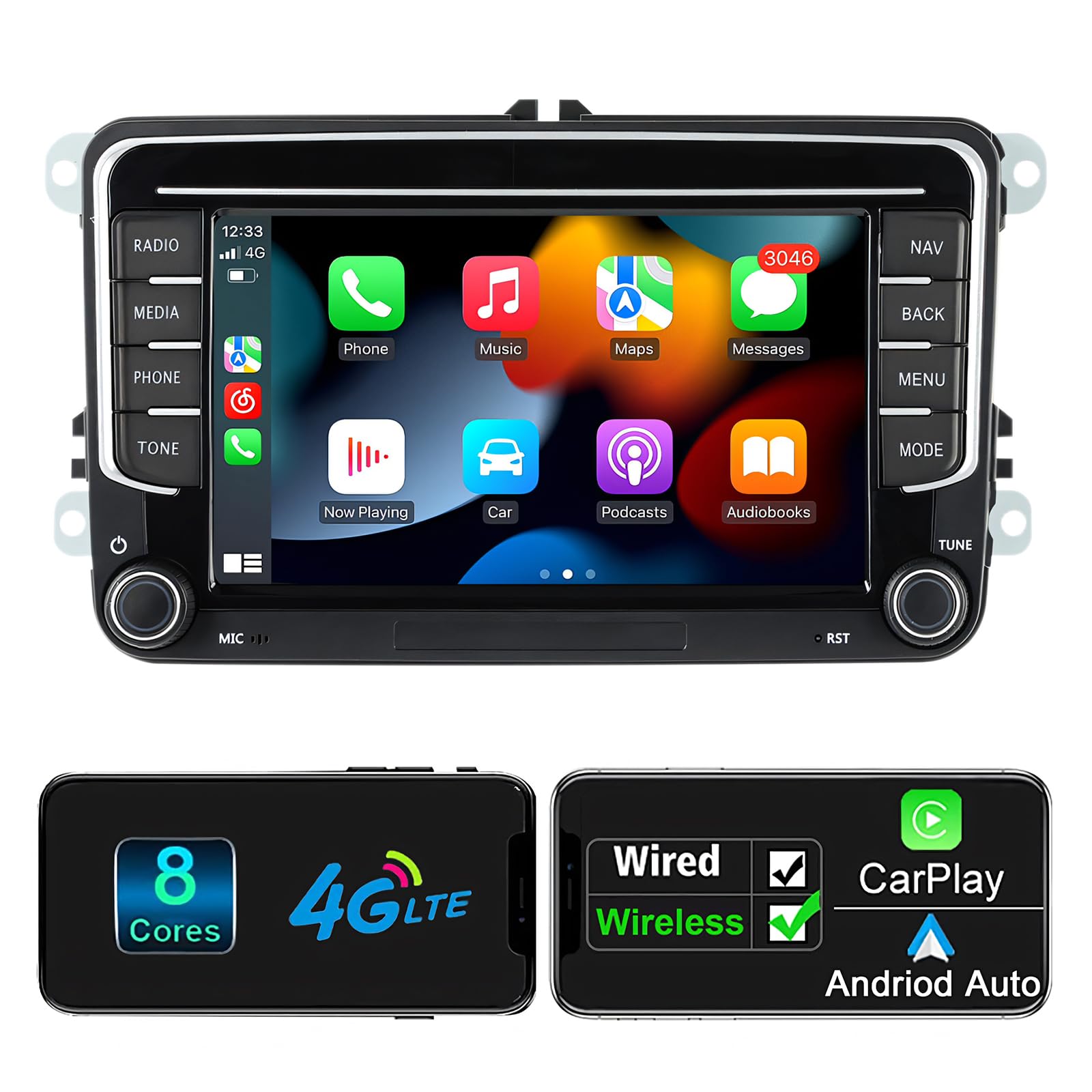 Android Autoradio mit Navi Bildschirm für VW Golf 5 6 Seat Passat, 8-Core 4GB+64GB Wireless Android Auto Carplay VW Radio, 7 Zoll VW Polo T5 Radio RDS FM GPS Bluetooth WiFi