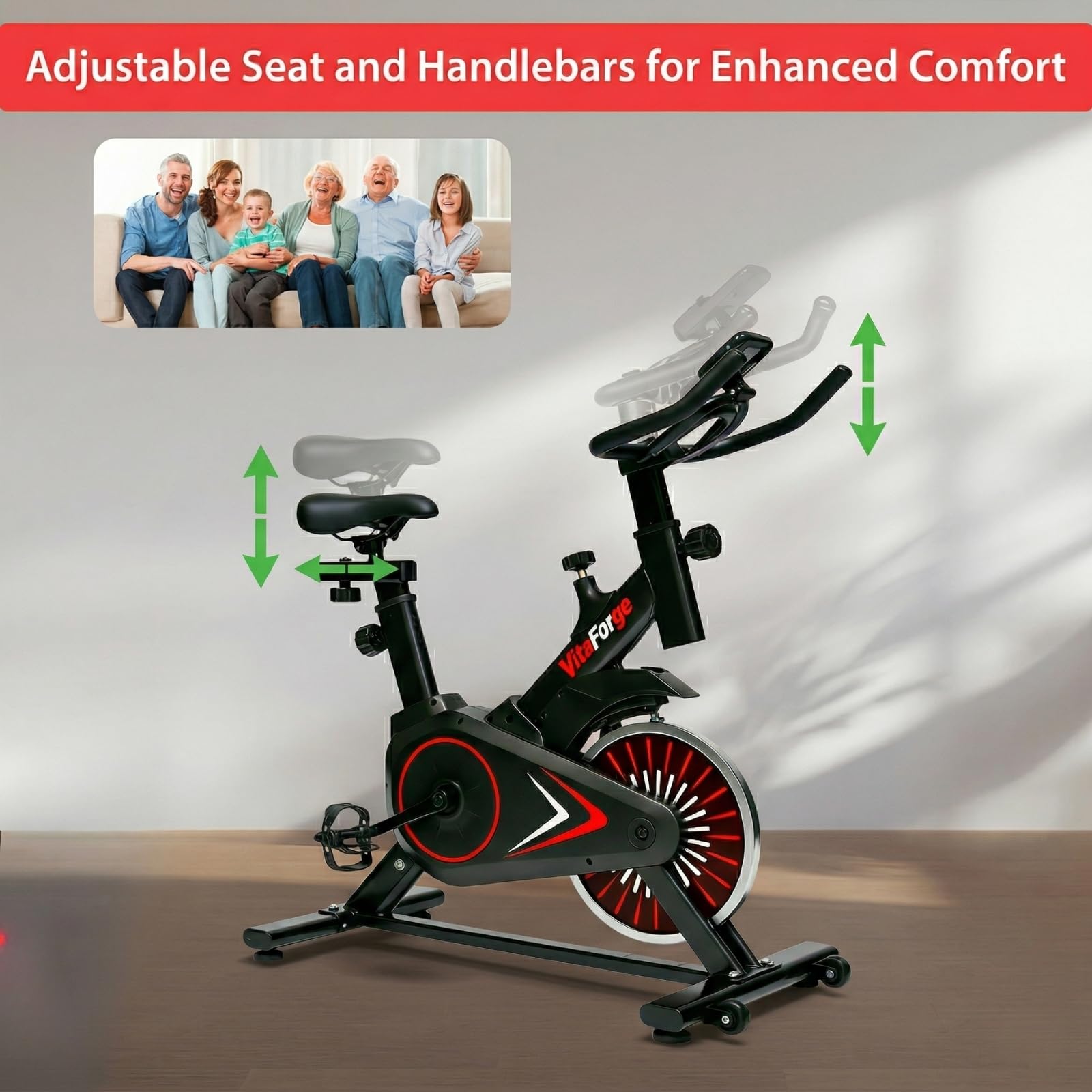 Exercise Bike, Quiet Indoor Fitness Bike with Adjustable Magnetic Resistance, Black/Red
