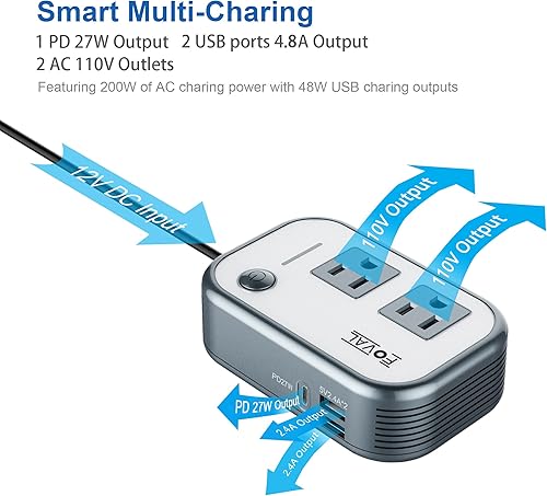 Miniatura 2 de FOVAL Inversor de corriente para automóvil de 200 W, CC 12 V a 110 V CA, cargador rápido con [27 W PD USB-C] y puertos USB duales, adaptador de