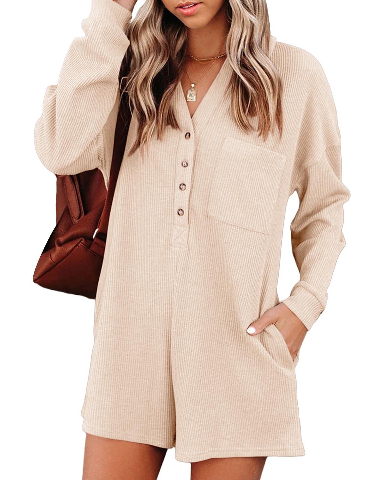 Saodimallsuwomens V Neck Button Romper Casual Waffle Knit Short