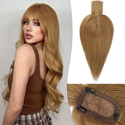 RUWISS Decoración de cabello humano con flequillo, corona, piezas de cabello para mujer, peluca corta para cabello fino, 3.0 x 5.1 in, base de seda,