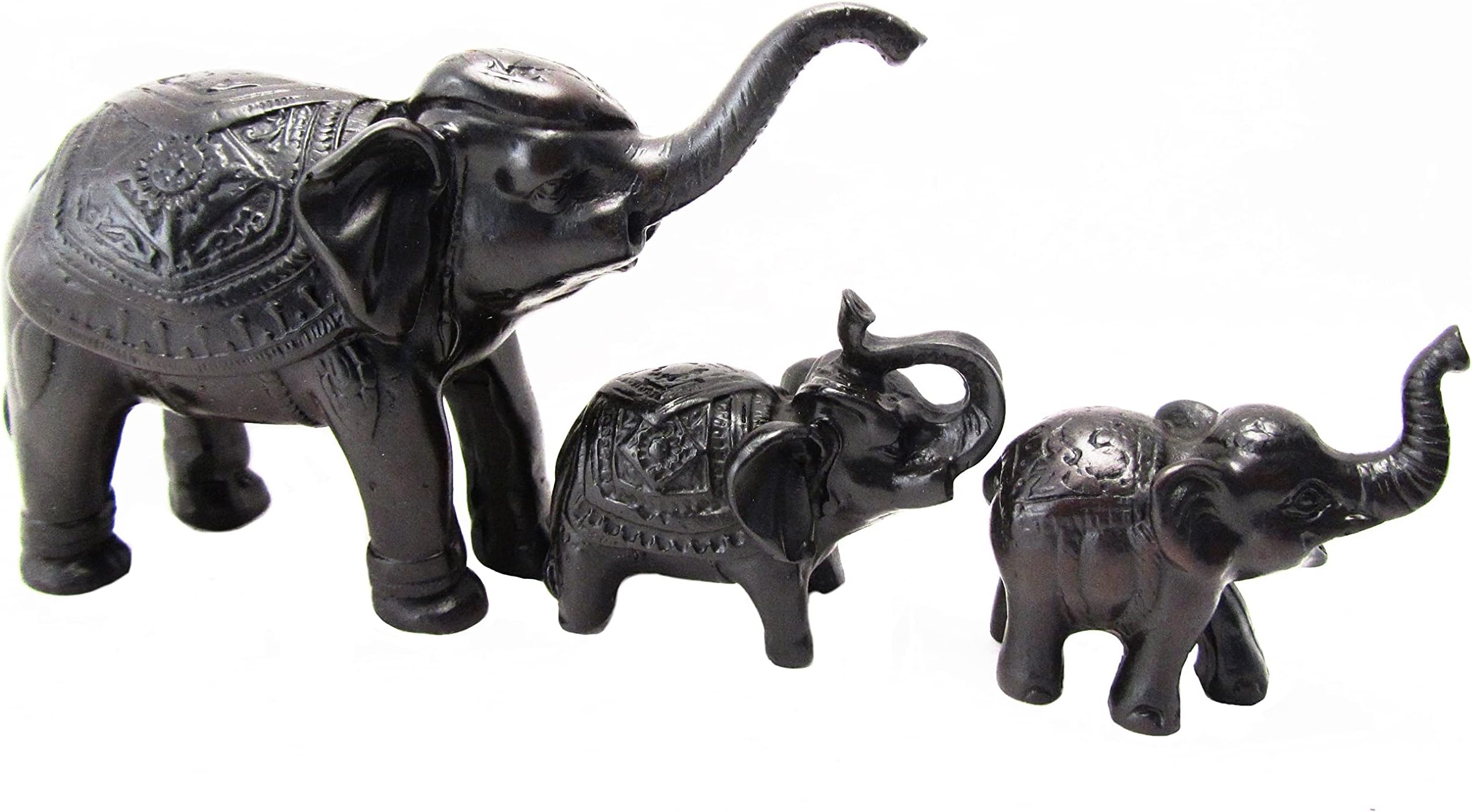 Mother and Baby Elephant Family Figurines Small Sculptures Feng Shui Decor Resin Set of 3 (Black)