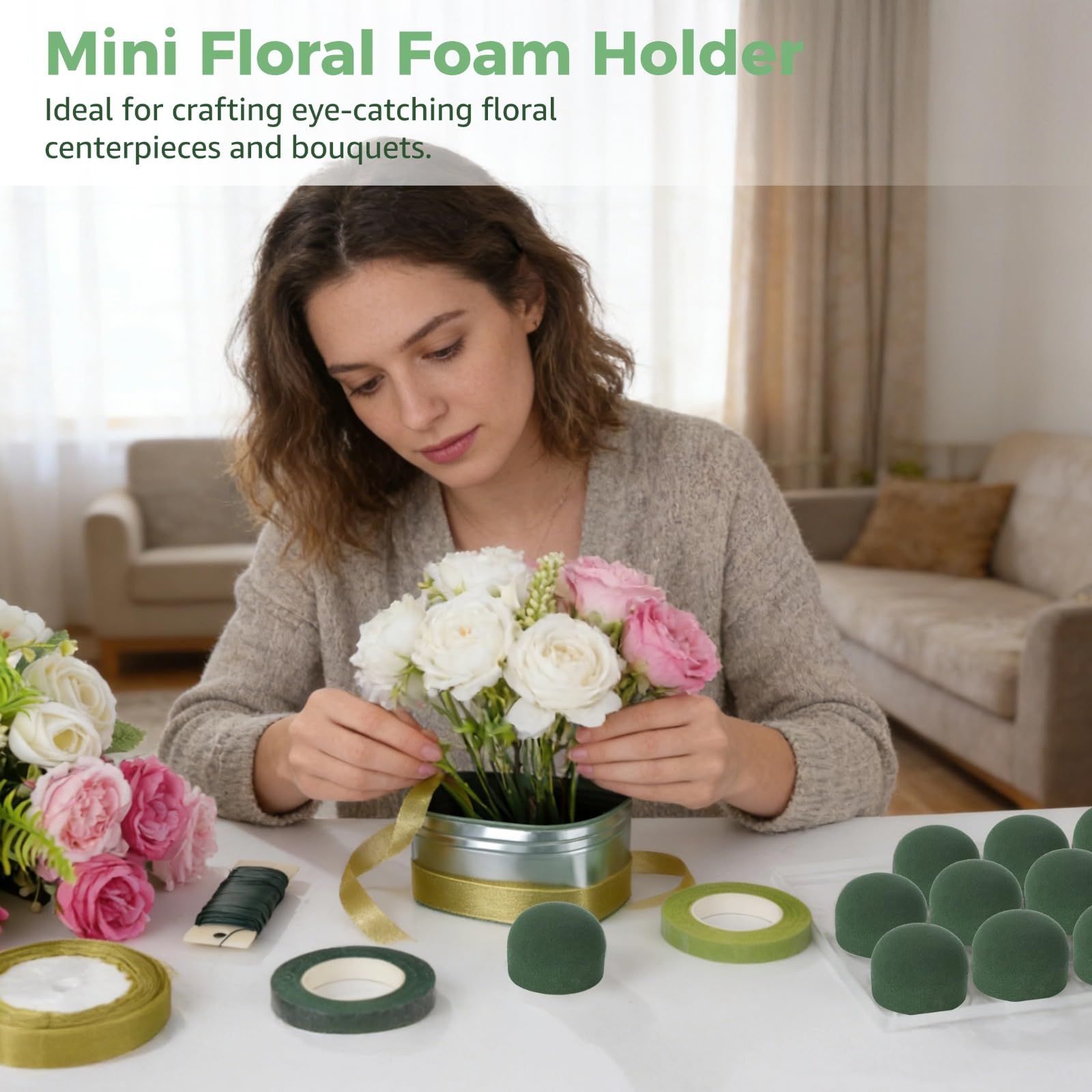 Juego de 24 bloques redondos de espuma floral, soporte de espuma floral con alambre de floristería, cinta verde, cinta, suministros esenciales para arreglos florales para manualidades