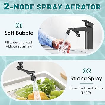 CECEFIN 1440 Rotating-Faucet-Extender Sink Aerator - 1080+360 Large-Angle Splash Tap Extension with 2 Water Outlet, Swivel Multifunctional Robotic Arm for Kitchen/Bathroom, Black