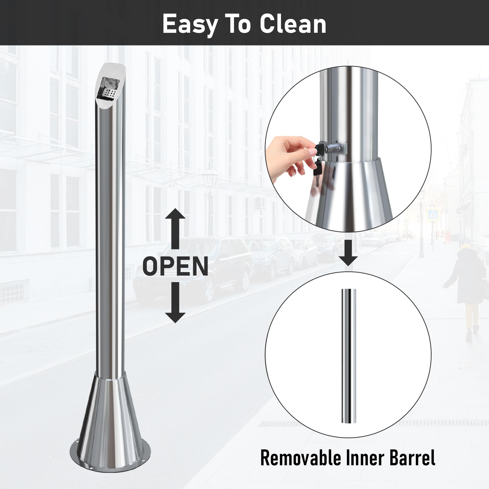 Edelstahl Stoßbehälter Entsorgung, Boden Standasche im Freien mit Schlüssel, gewerblicher Mülleimer für Wohnungen Büros Restaurants Bars Convenience-Stores, Silber 61 x 61 x 119 cm trash can