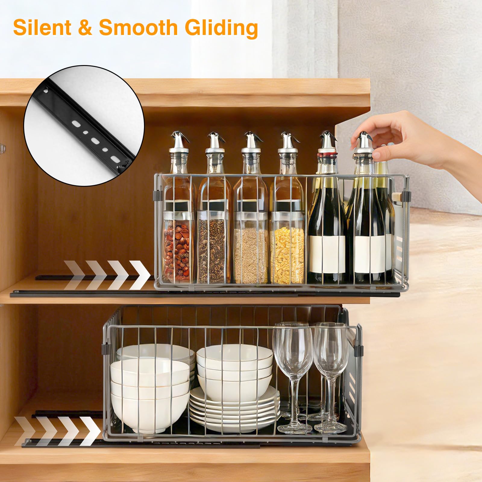 AiQInu Lot de 2 Tiroirs Coulissants Extensibles, Organisateur de Placard Sans Perçage, Rails pour Tiroir de Cuisine, Silencieux pour Rangement Cuisine, Salle de Bain, Installation Facile, 37.5x24.5x19