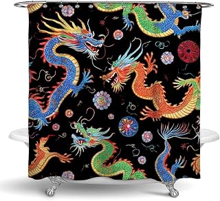 Lightweight Hotel Bathroom Decor Chic Waterproof Shower Curtain Set, 72"x 70" Cool Chinese Dragons