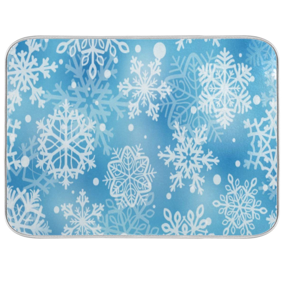 Merry Christmas Snowflake Dish Drying Mat 16x18 inch Winter Blue Snow New Year Dish Drainer Kitchen Counter Mats Bottles Dish Dry Pad Protector for Kitchen Countertops