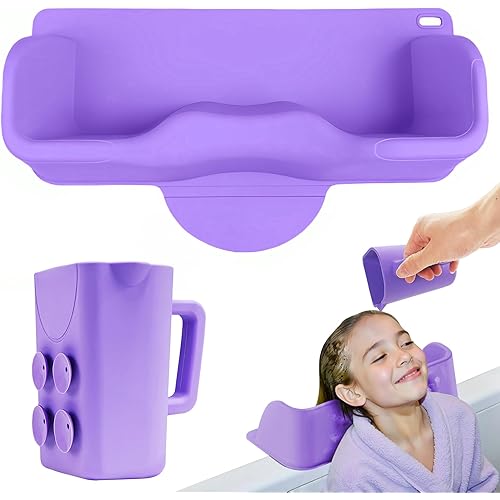 Portable Hair Washing Station for Kids, Toddlers, Children, Teens, Silicone Hair Washing Basin for Sink or Bathtub, Tear-Free Shampoo Bowl with Rinser Cup, Neck Support for Kids, Purple