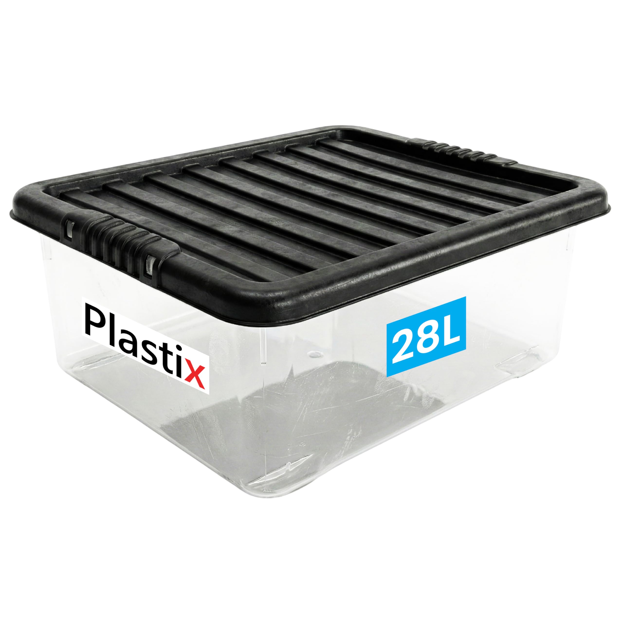 Plastix Black Clear Plastic Storage Box Boxes With Lids Home Office Stackable Uk Made (1, 28L Underbed)