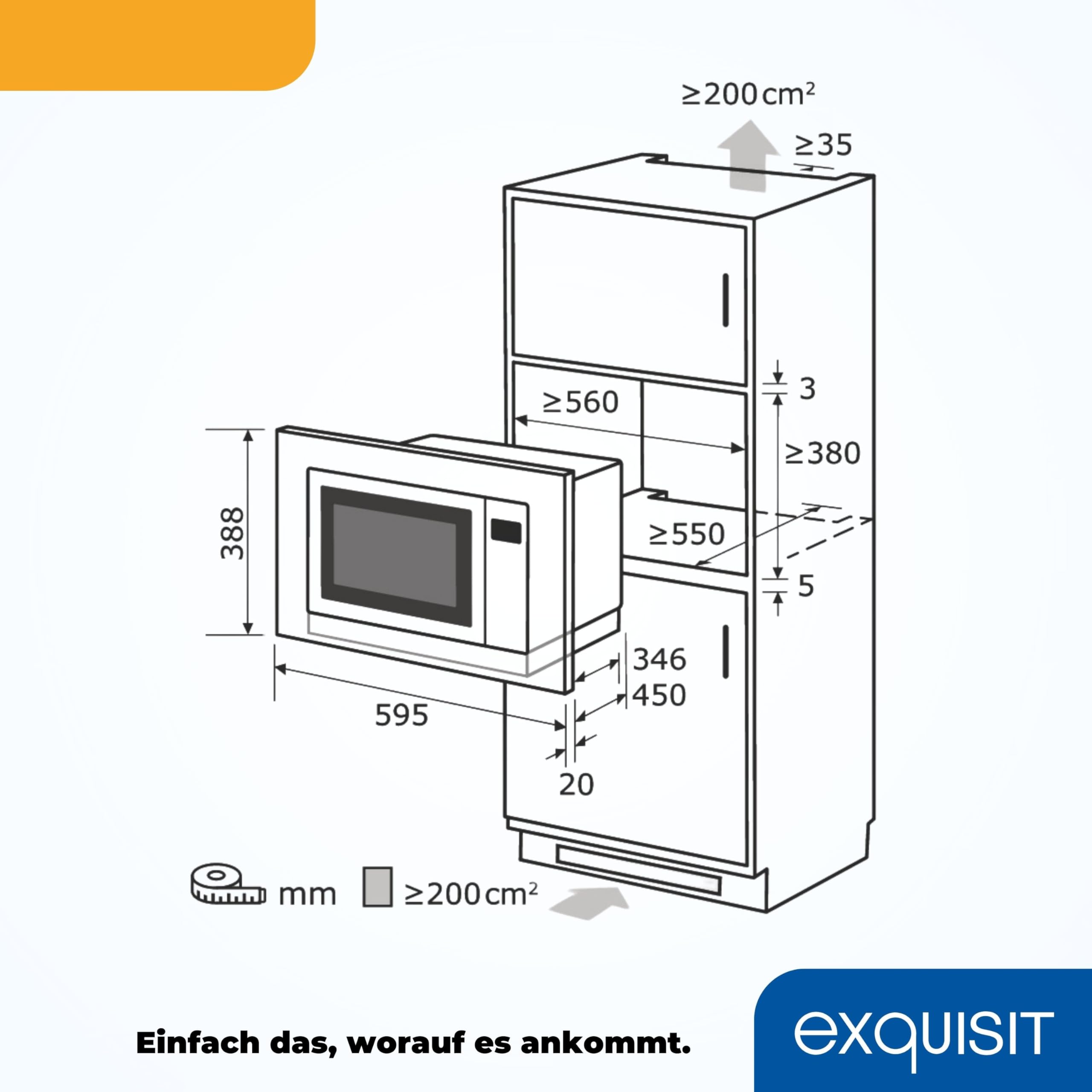 Exquisit EMW 2539.1 HI EMW2539HI Einbau-Mikrowelle, Edelstahl, 25 liters, Inoxlook | 3-in-1 Kombi-Mikrowelle, 900 W / 1100 W / 2500 W – 10 Automatikprogramme, Timer bis 95 Min., Inox-Design