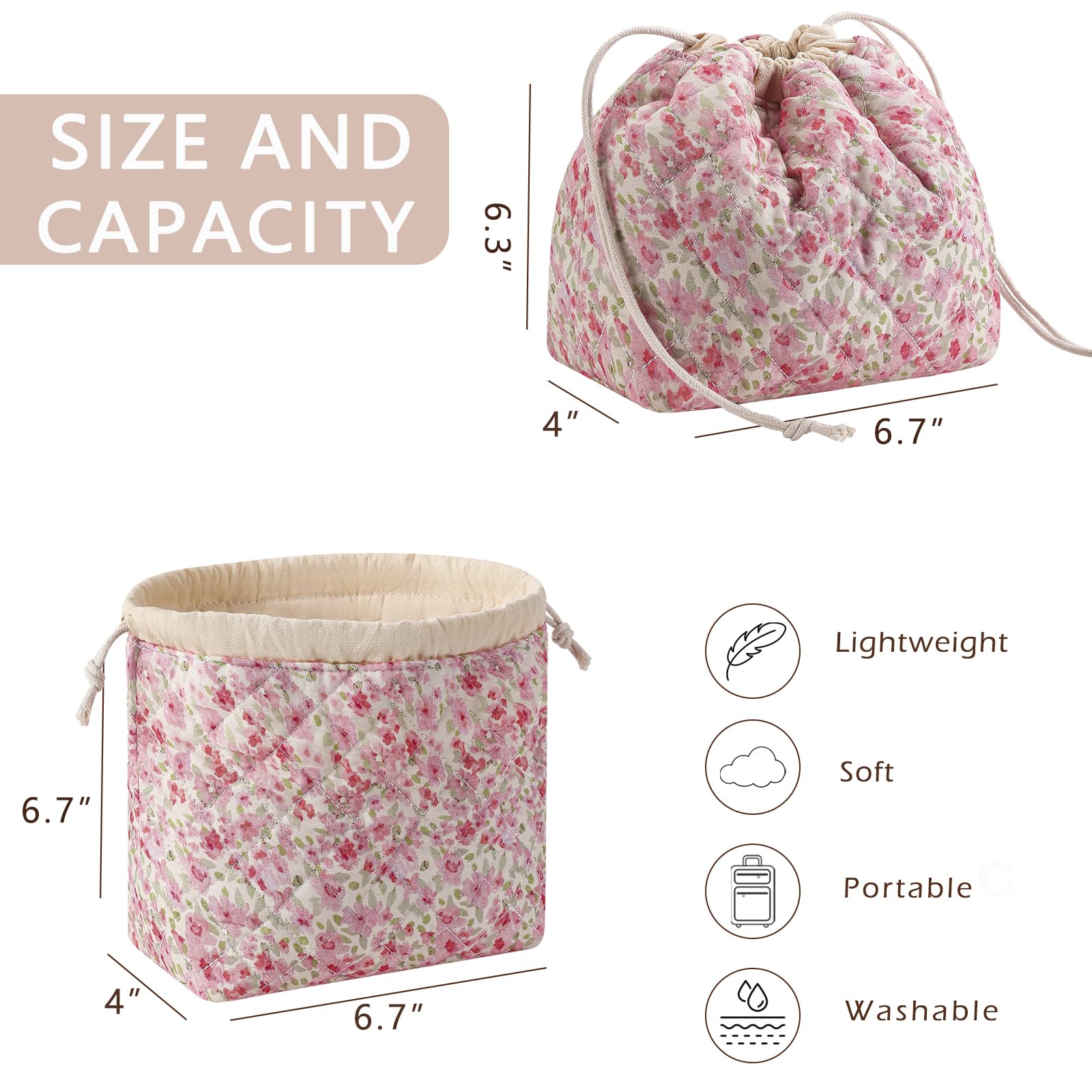RSRSLEII Kleine Make-up-Tasche aus Baumwolle, gesteppt, mit Kordelzug, süße Kokette-Kosmetiktasche mit Leinenfutter, ästhetische Reise-Kulturbeutel für Geldbörse, Geschenk für Mädchen und Frauen, 03